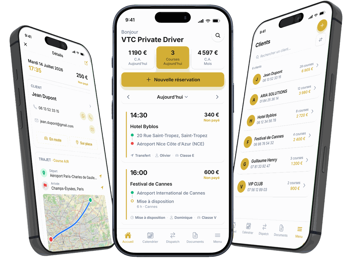 Application VTC Planner : tableau de bord des courses du jour, fiche d'une course et liste des clients